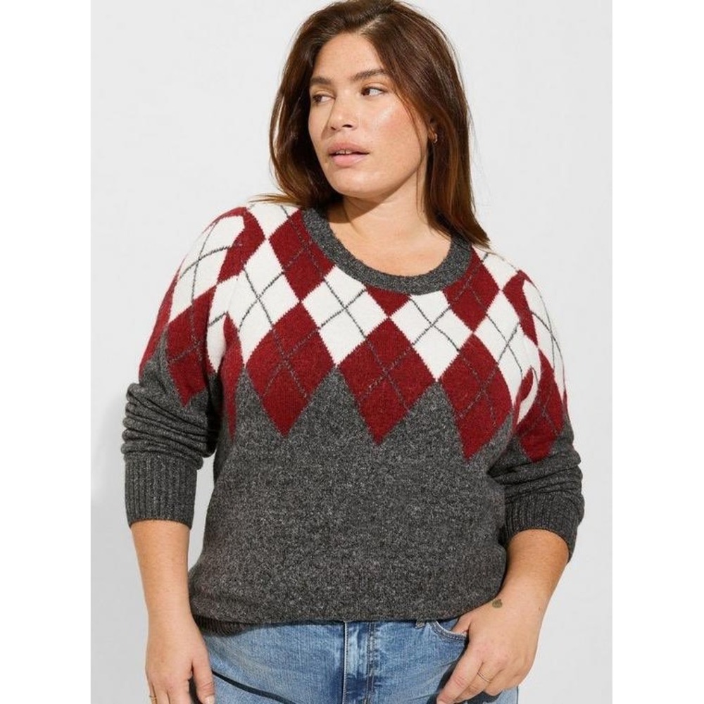 Torrid Argyle ‎ Vegan Cashmere Long Sleeve Crew Neck Sweater Size 1